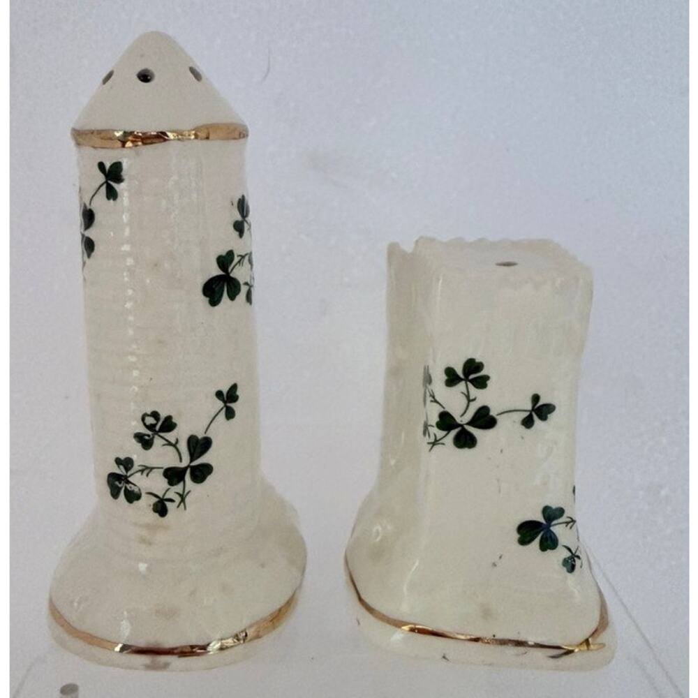Vtg Carrigaline Pottery Salt Pepper Shakers Cork Ireland Shamrock Castle Gold